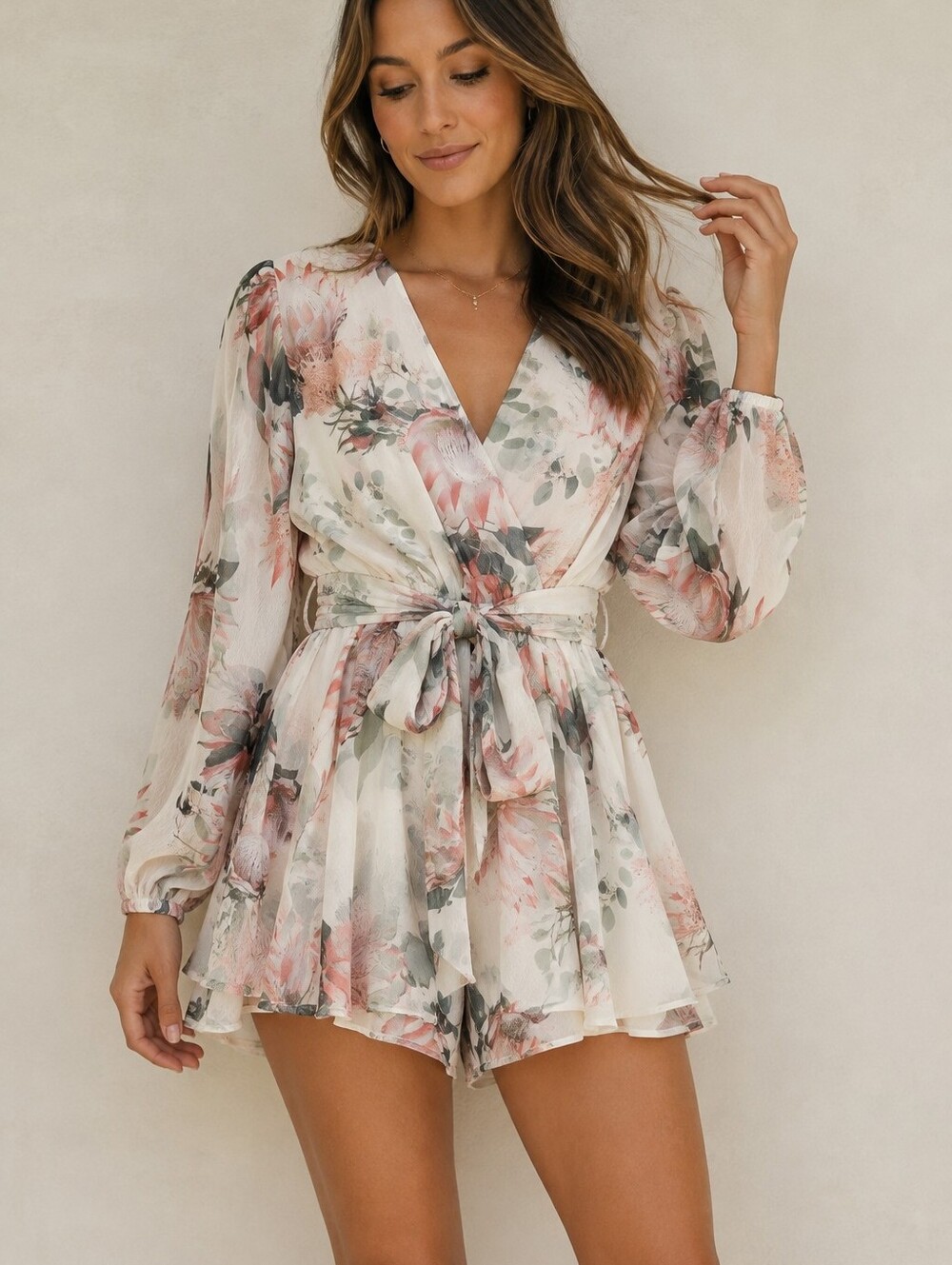 NWT Express Floral Long Sleeve Tiered Skirt Romper Protea Print Ivory Pink Small